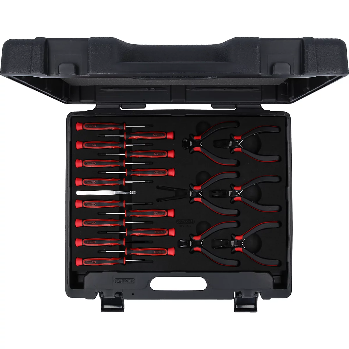 Werkzeugkoffer mit Schraubendrehern und Zangen, rot-schwarz.